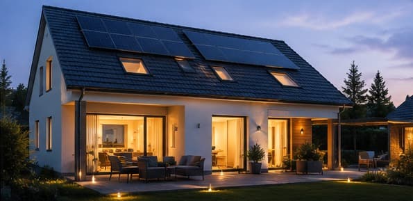 Maison équipée de panneaux solaires, éclairée en soirée
